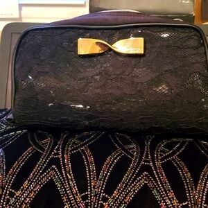 Victorias Secret Black Lace & Plastic Clutch/Makeup Bag With Metal Bow